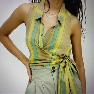 Free People Mackenzie Wrap Sleeveless Blouse Button Front Green Combo NWT